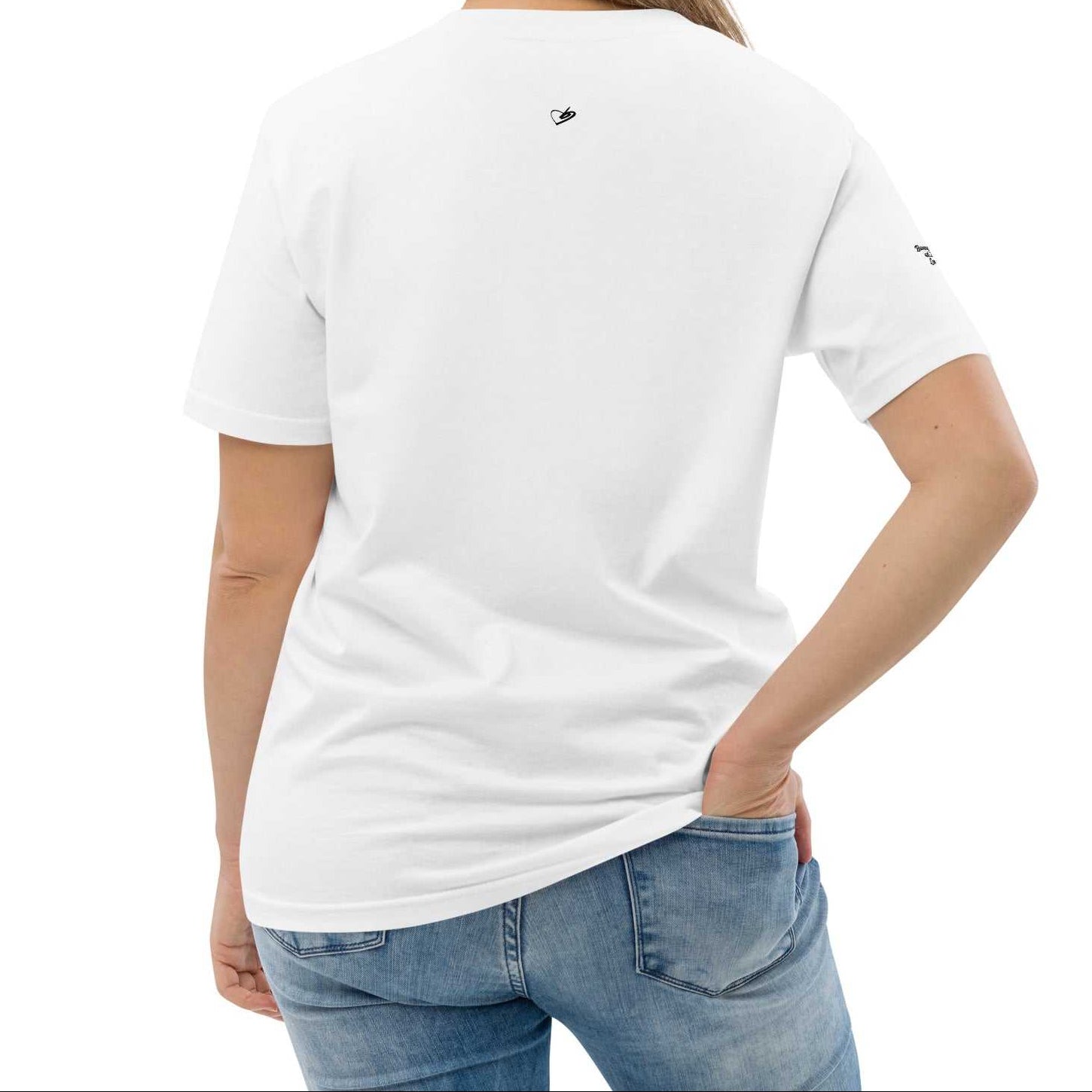A model wearing The Big Data Tee in 100% organic cotton, showing the bold 