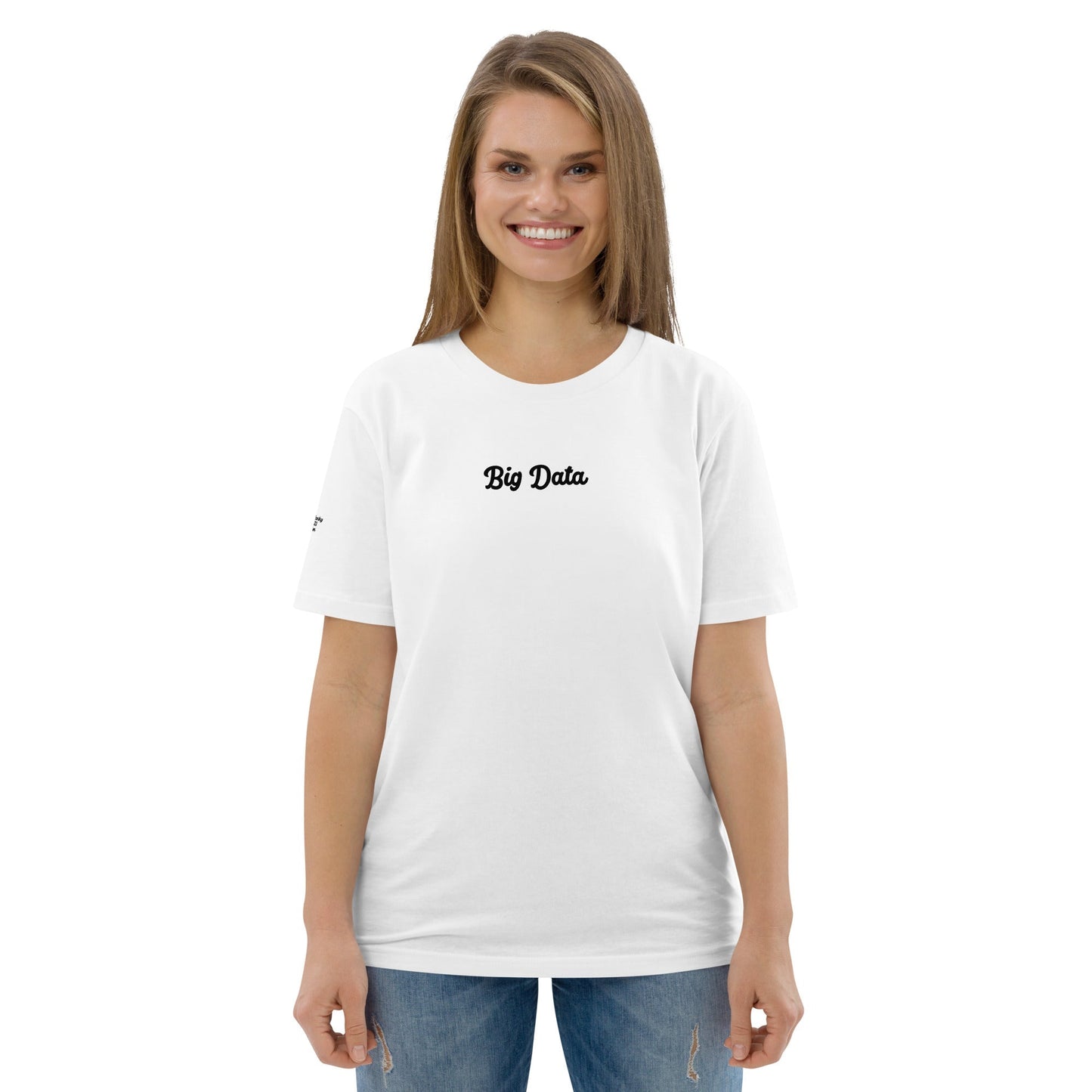 A model wearing The Big Data Tee in 100% organic cotton, showing the bold "Big Data" text on the front.