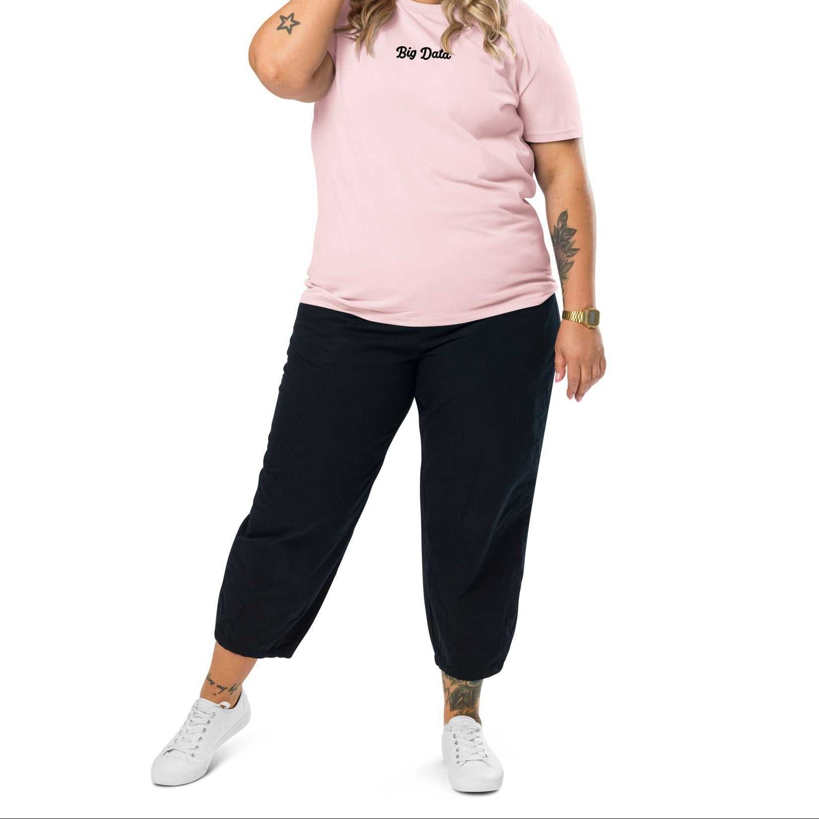 A model wearing The Big Data Tee in 100% organic cotton, showing the bold 