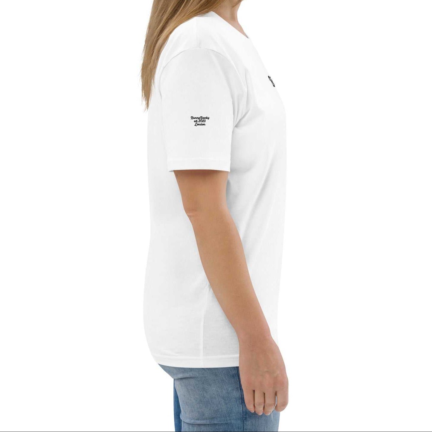A model wearing The Big Data Tee in 100% organic cotton, showing the bold 
