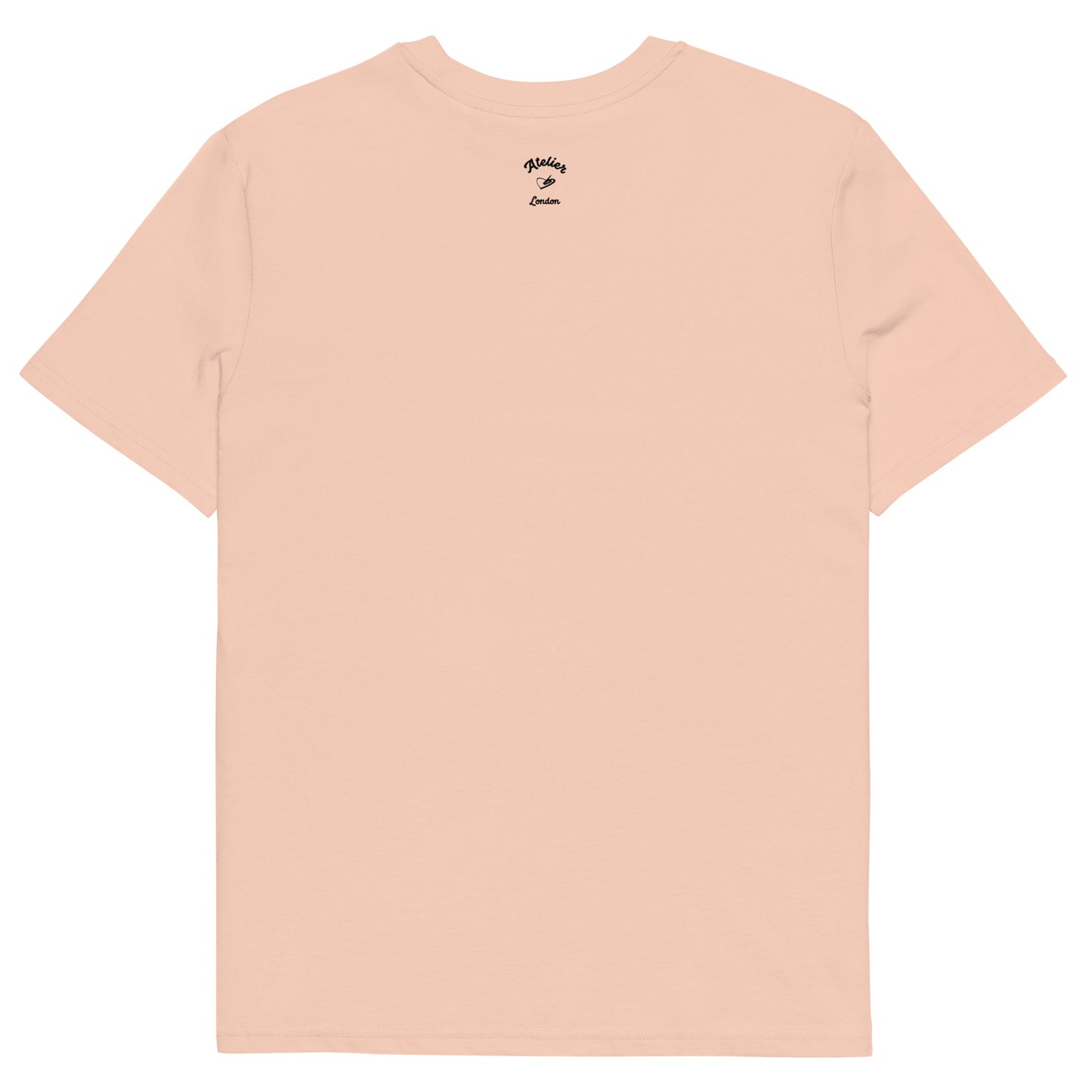 Peach coloured t-shirt with a small logo on the back against a white background