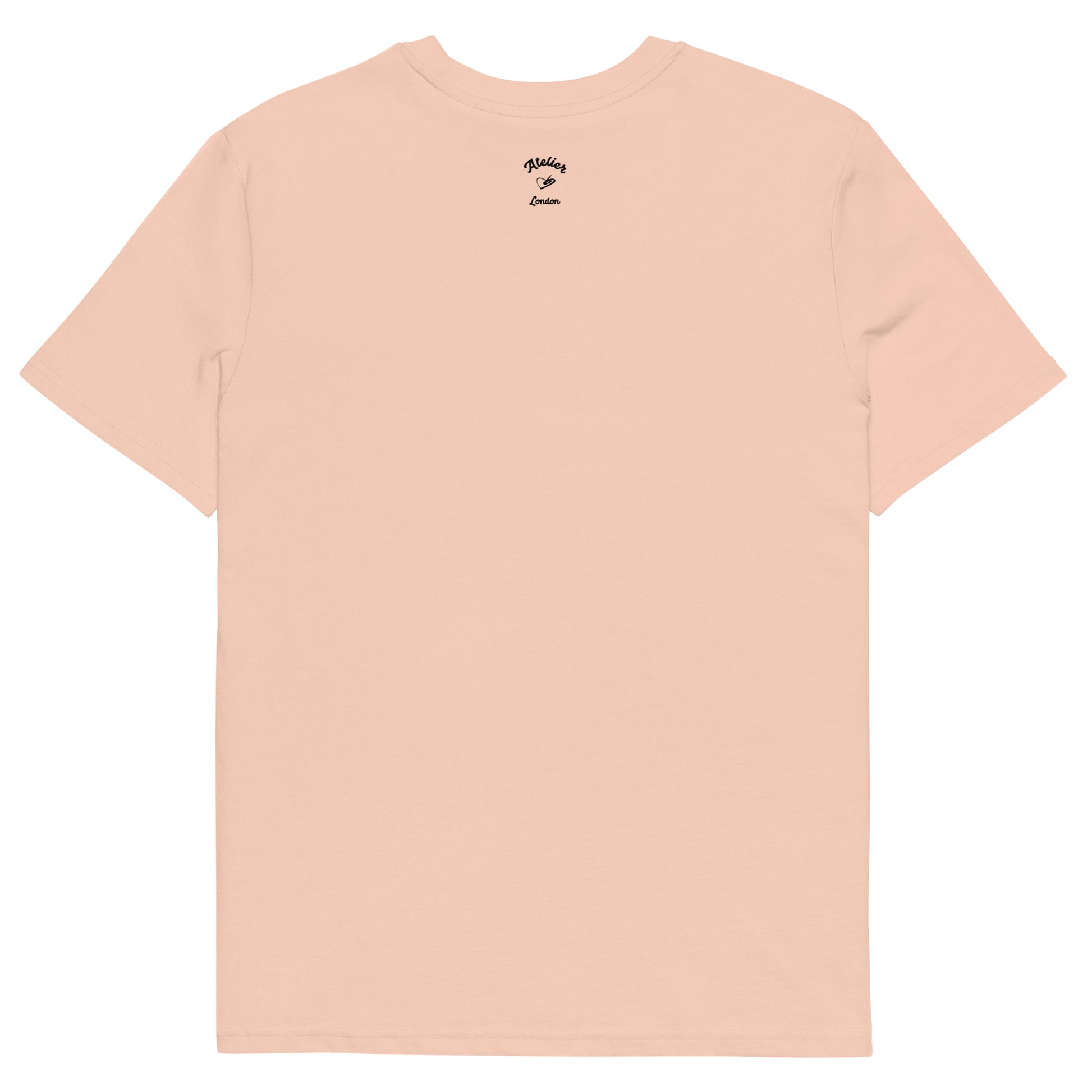Peach coloured t-shirt with a small logo on the back against a white background