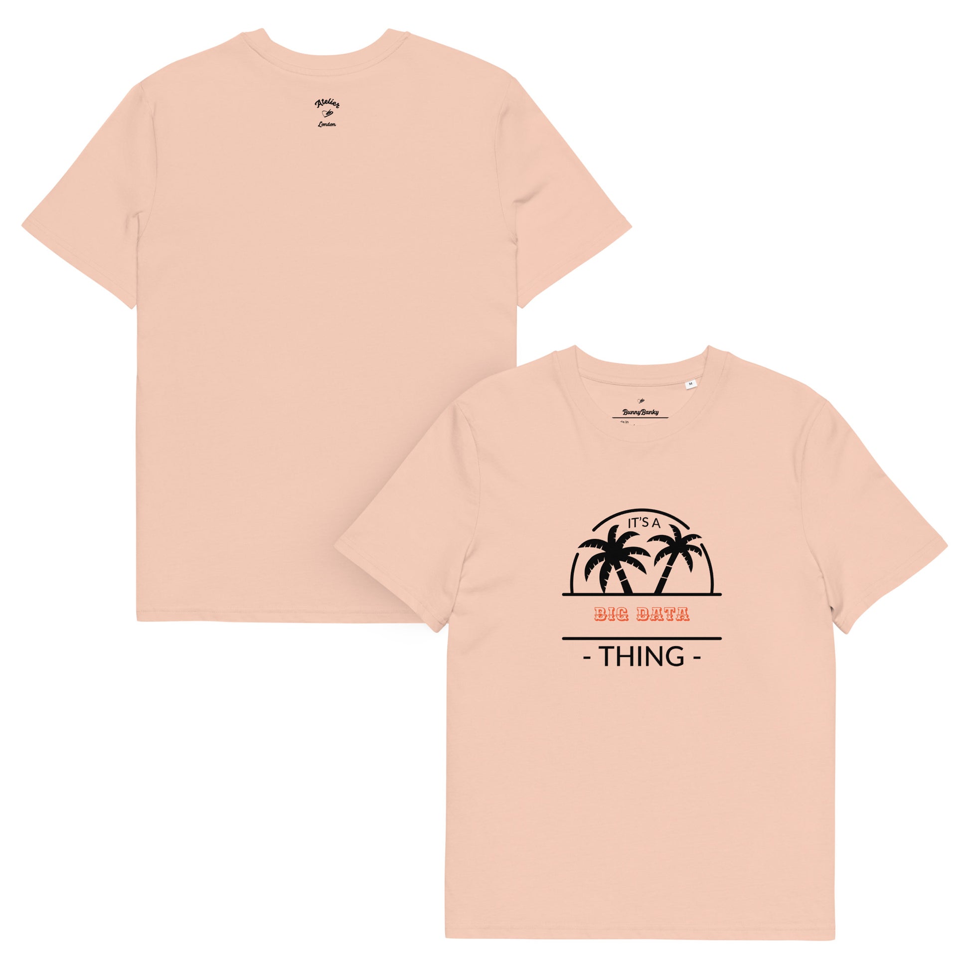 Peach coloured  t-shirt with palm tree design and text on a white background