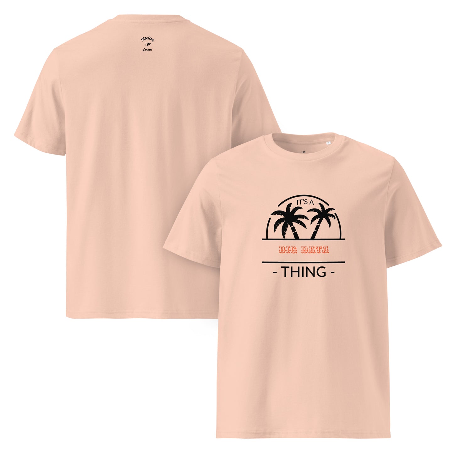 Peach coloured t-shirt with palm tree design and text on a white background