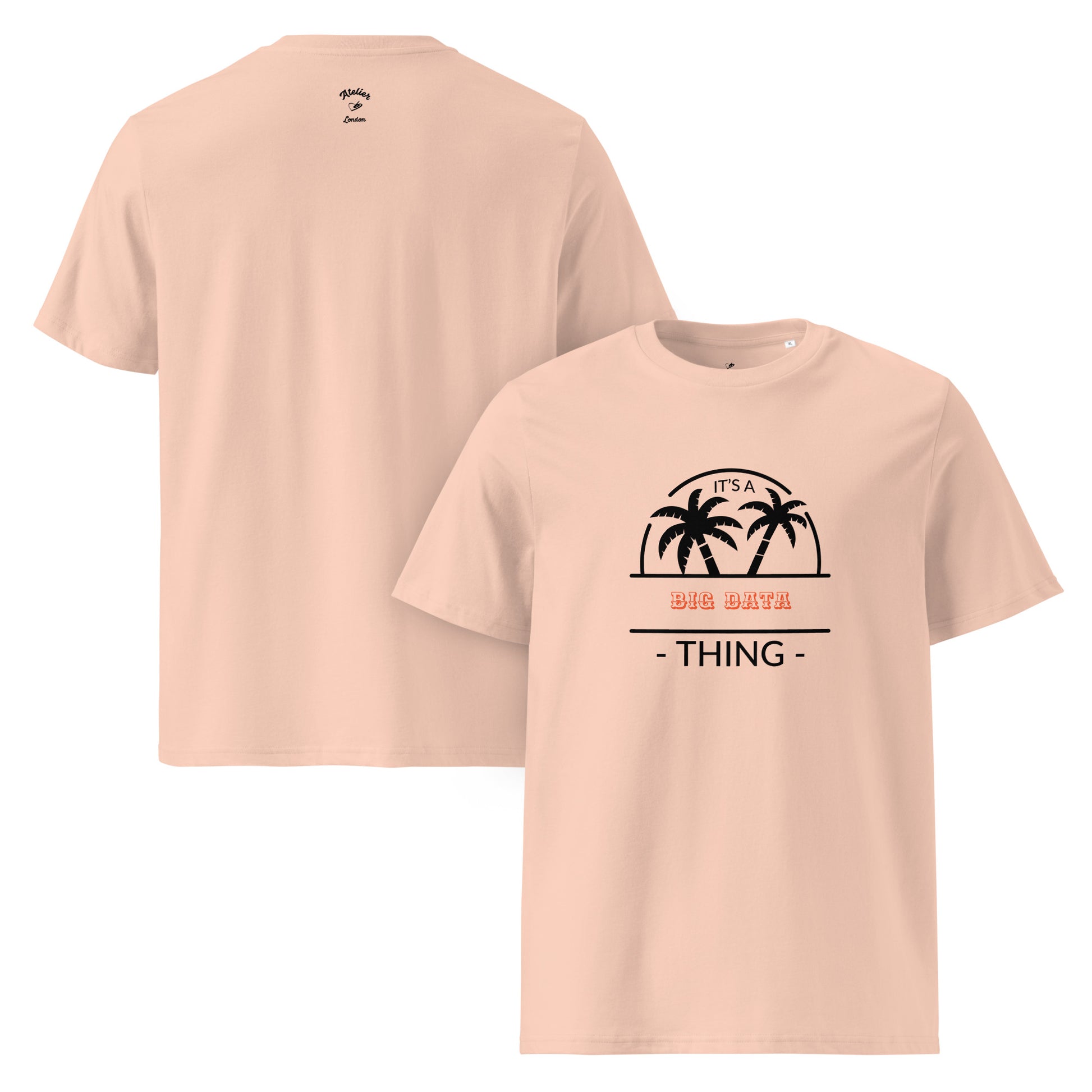 Peach coloured t-shirt with palm tree design and text on a white background