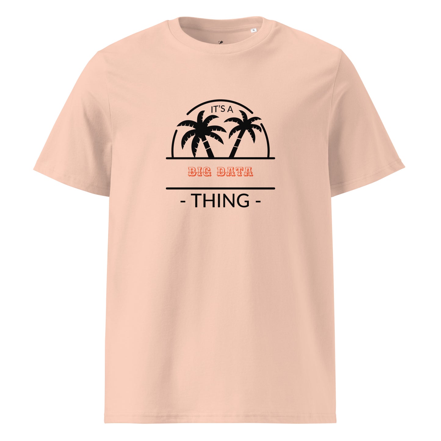 Peach coloured  t-shirt with palm tree design and text on a white background