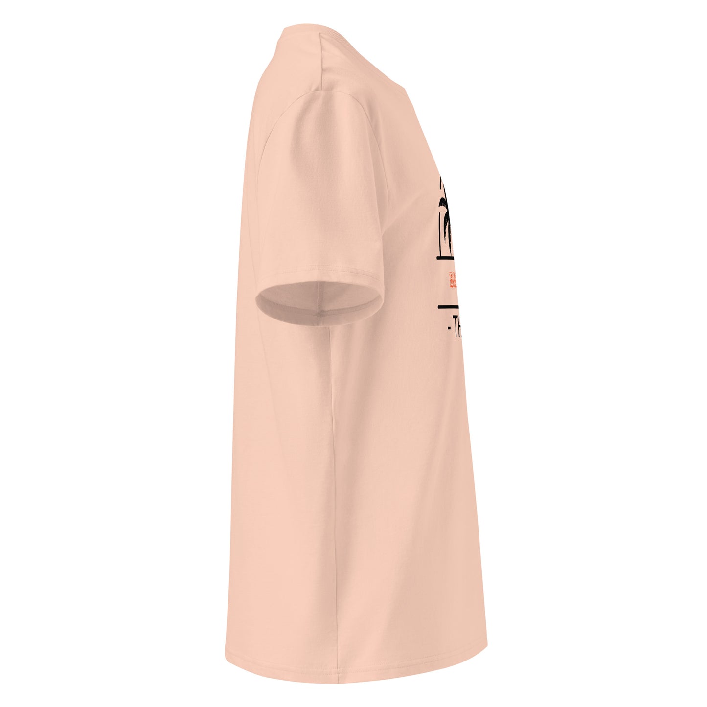 Peach coloured t-shirt  with text on a white background