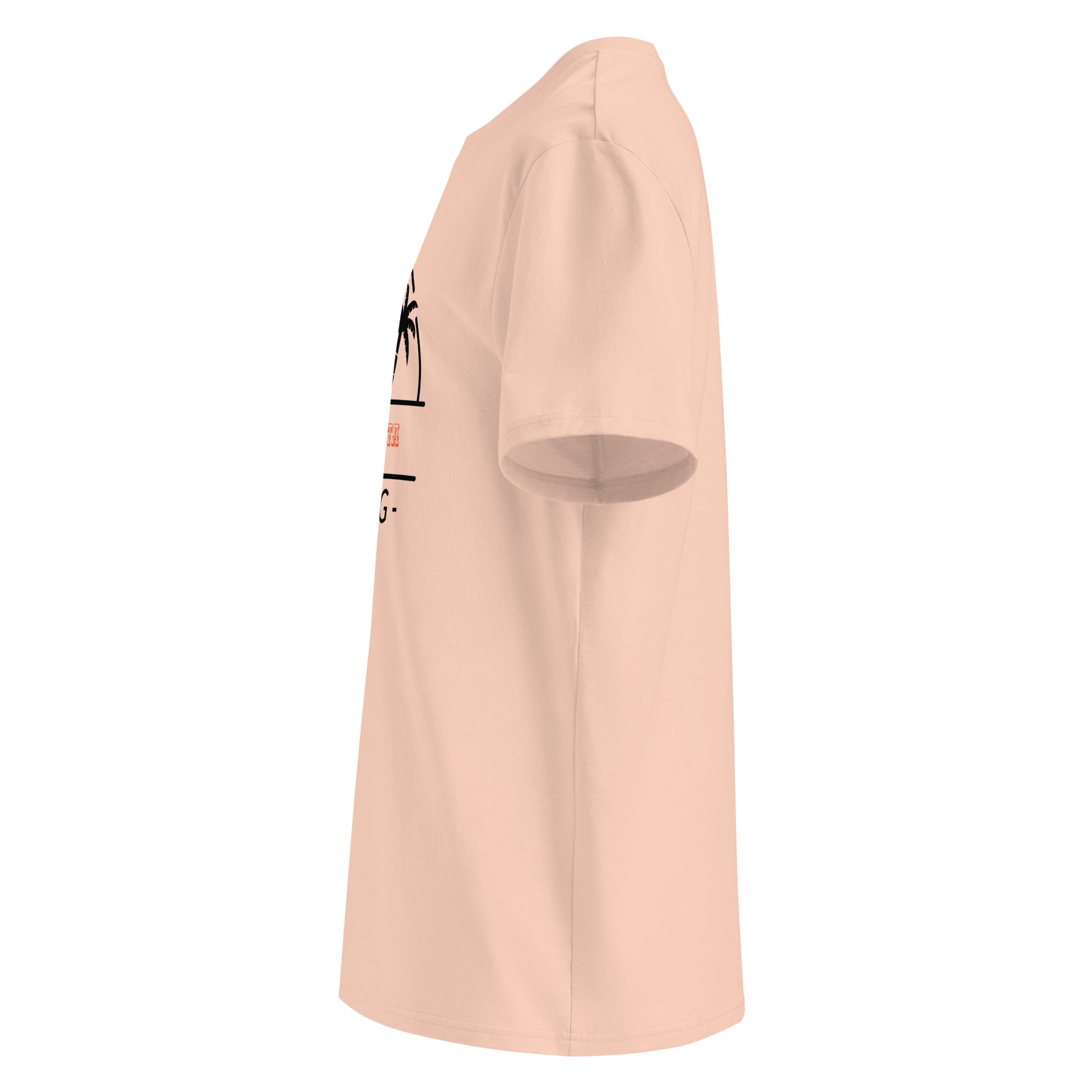 Peach coloured t-shirt with text on a white background