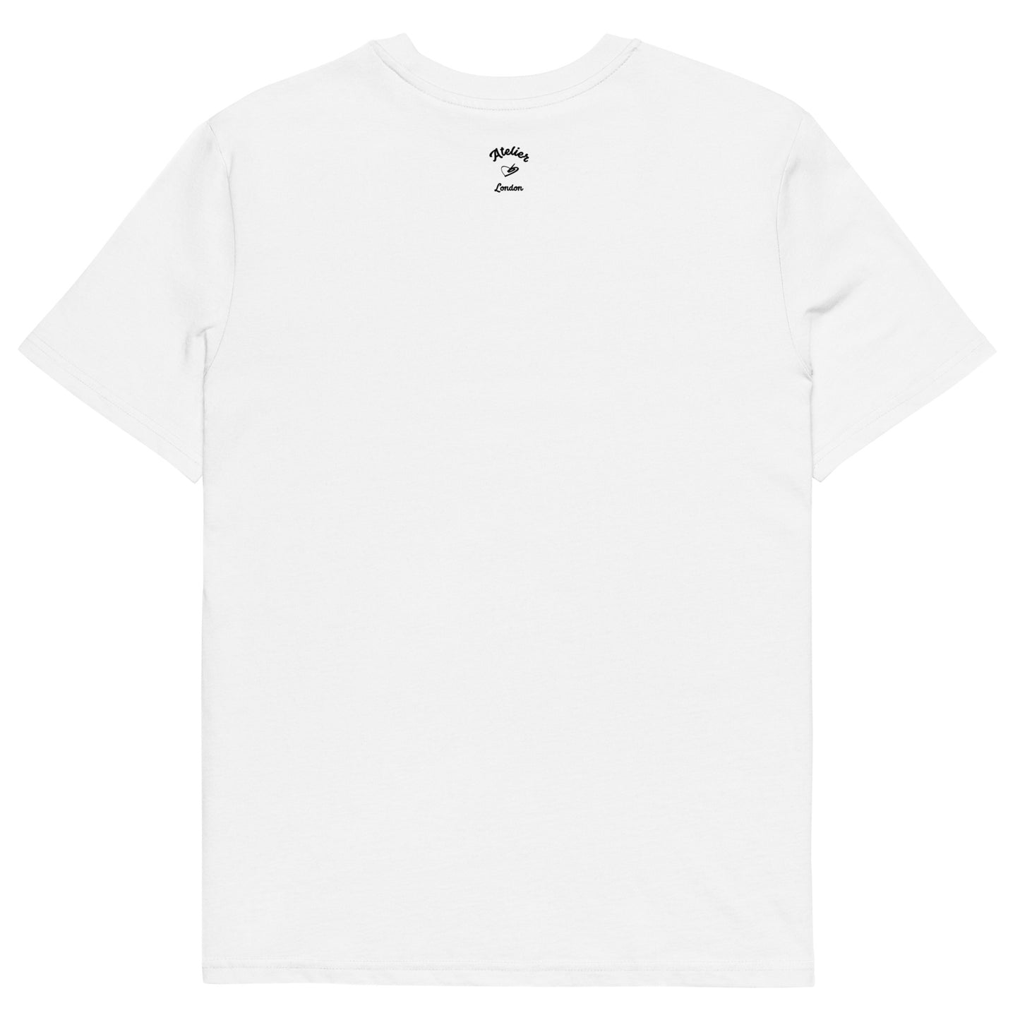 White t-shirt with a small black logo on the chest against a white background