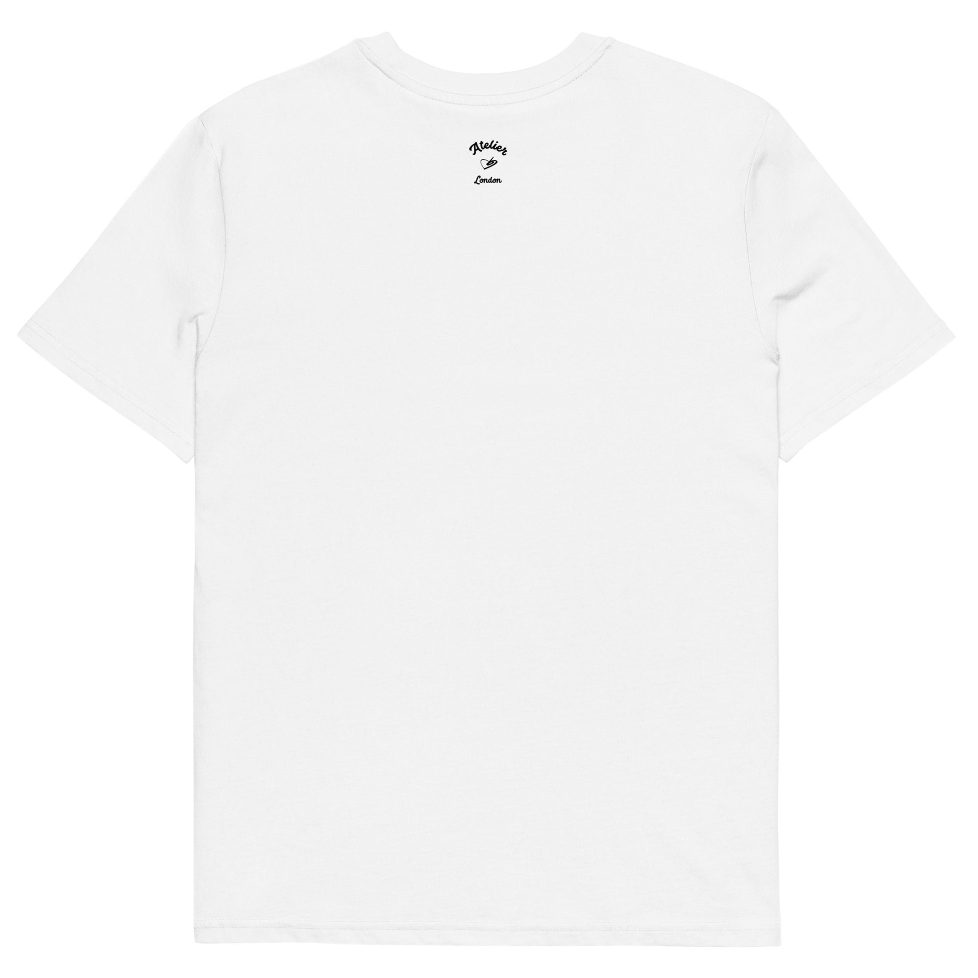 White t-shirt with a small black logo on the chest against a white background