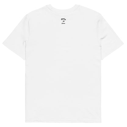 White t-shirt with a small black logo on the chest against a white background
