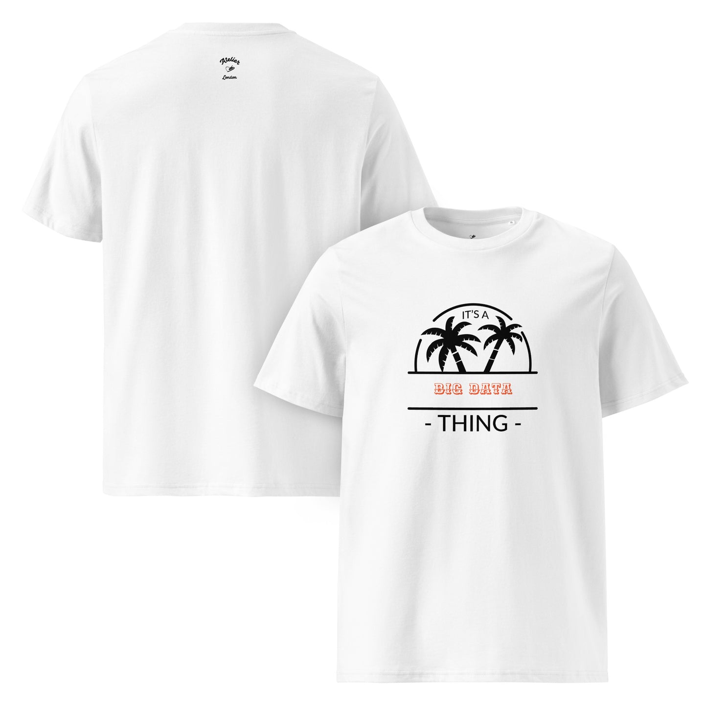 White t-shirt with palm tree design and text on a white background