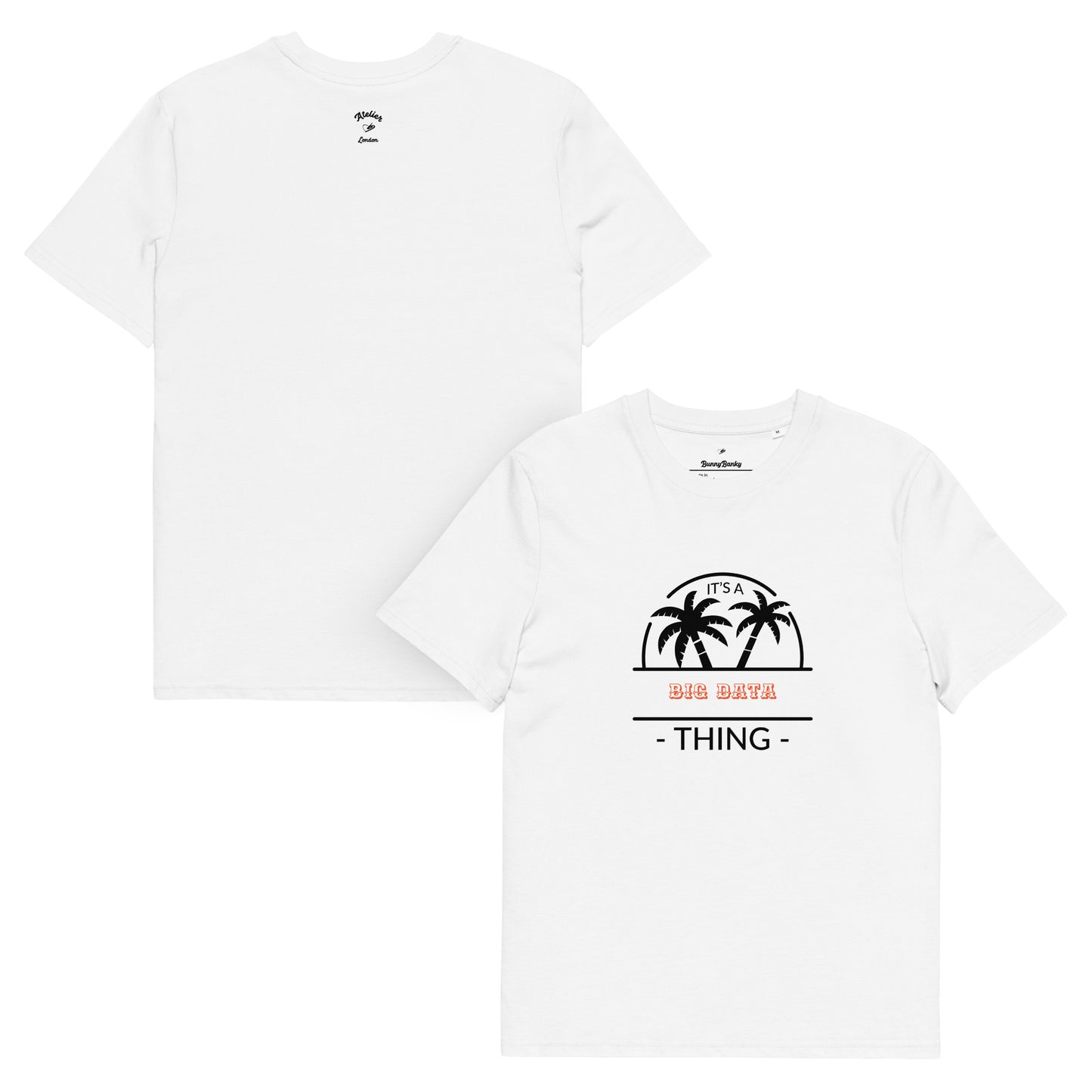 White t-shirt with palm tree design and text on a white background