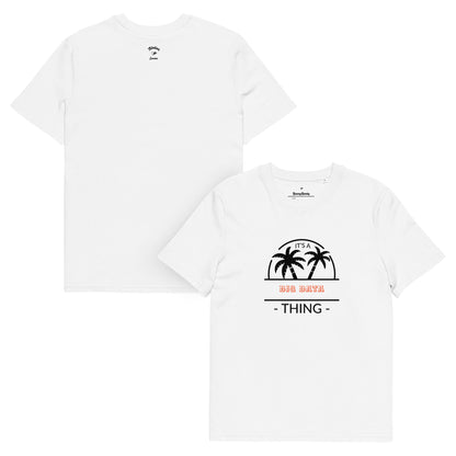 White t-shirt with palm tree design and text on a white background