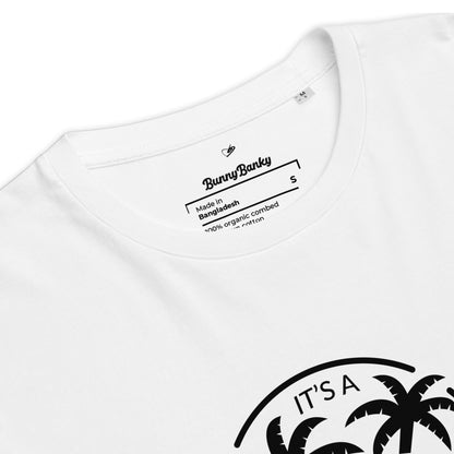 White t-shirt with black text and palm tree design on a white background