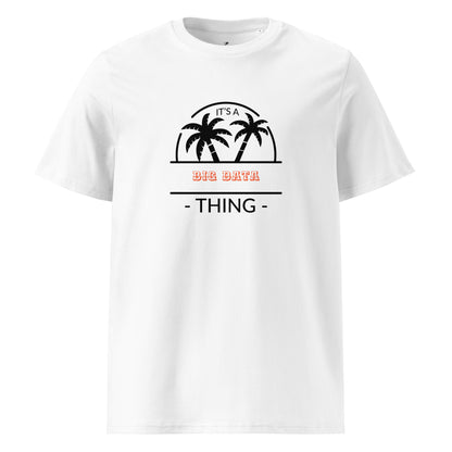 White t-shirt with palm tree design and text on a white background