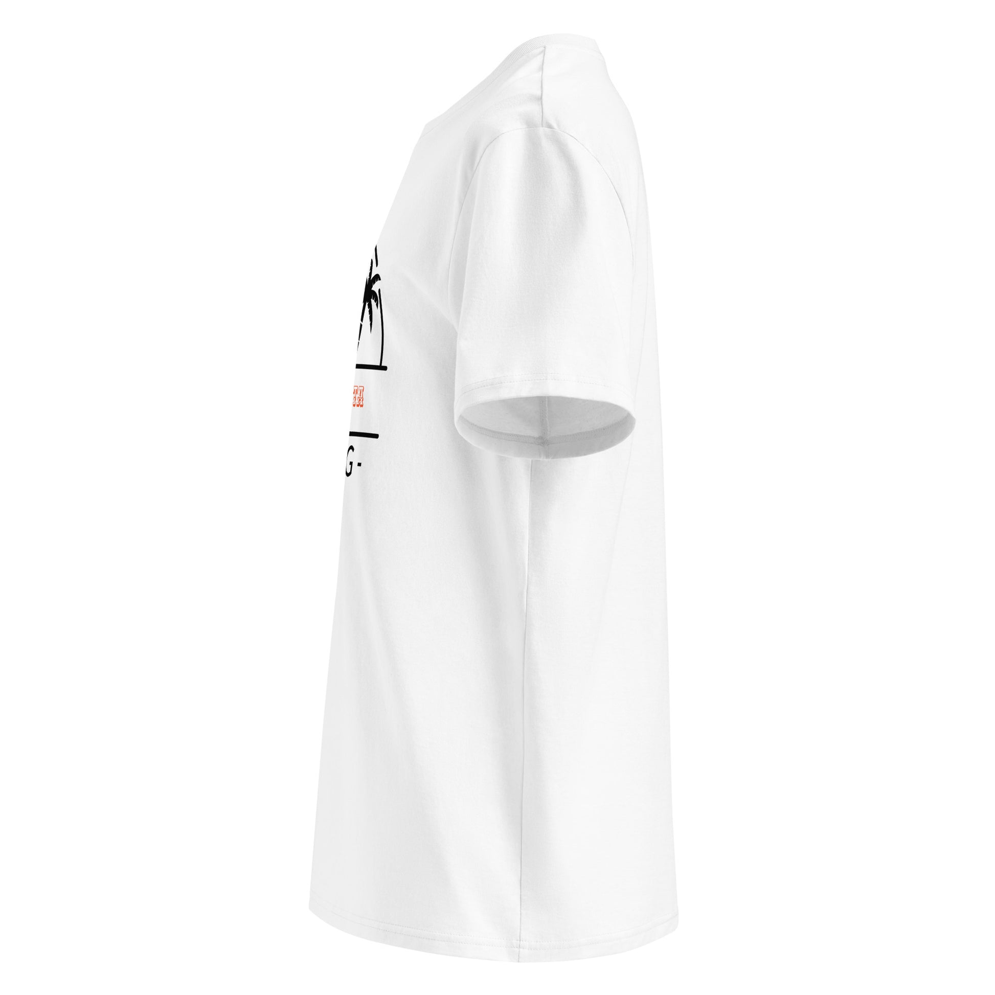 White t-shirt with black text and graphics on a white background