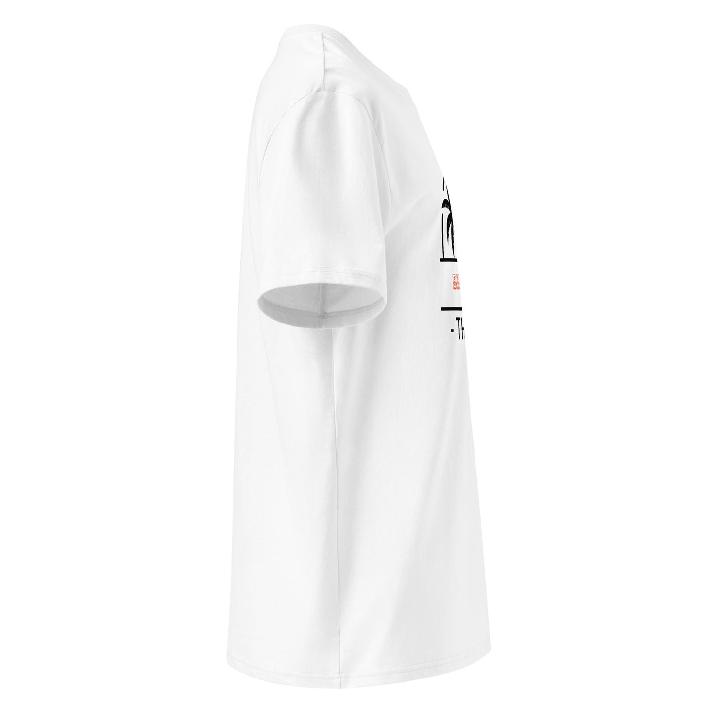 White t-shirt with a small graphic on the sleeve against a white background