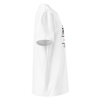 White t-shirt with a small graphic on the sleeve against a white background