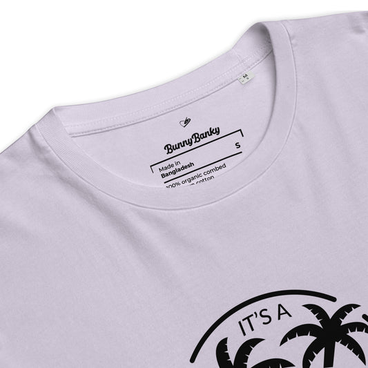 Close-up of a levander t-shirt with a palm tree design and Bunny Banky branding.