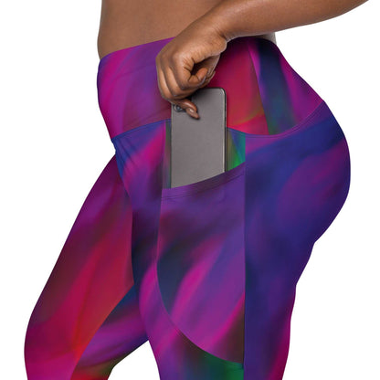 A model wearing The Bologna Sculpt Leggings, showing the high-waisted fit and the vibrant purple, pink, and green graphic print.