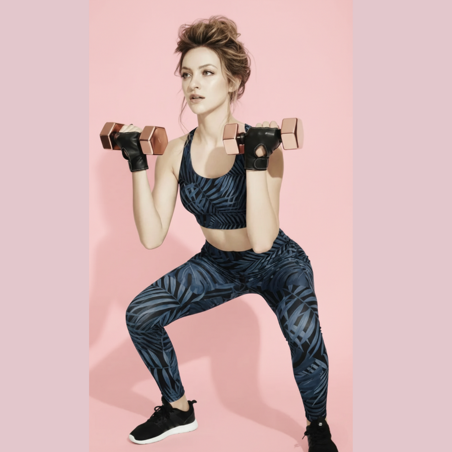 AI model Maya performing a weighted squat in the Toulouse performance bra and sculpt leggings, featuring a midnight blue palm print on a signature soft pink BunnyBankY background.