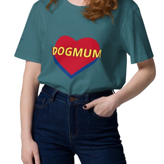 Front view of a model wearing the Bunny Banky white organic ring-spun cotton t-shirt featuring a red and blue heart with yellow DOGMUM text across the chest.