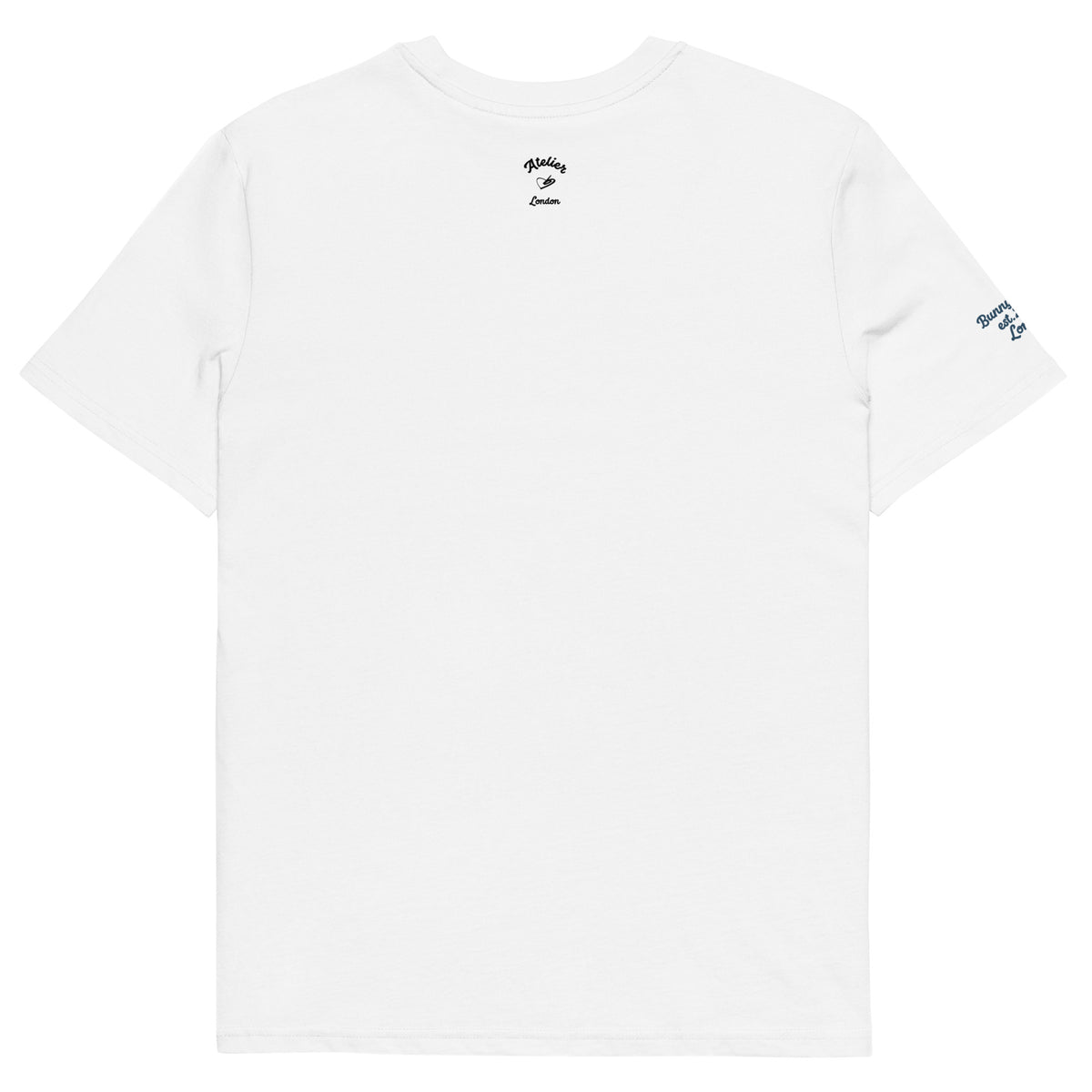 back view of Bunny Banky white organic ring-spun cotton t-shirt featuring a red and blue heart with yellow DOGMUM text across the chest.