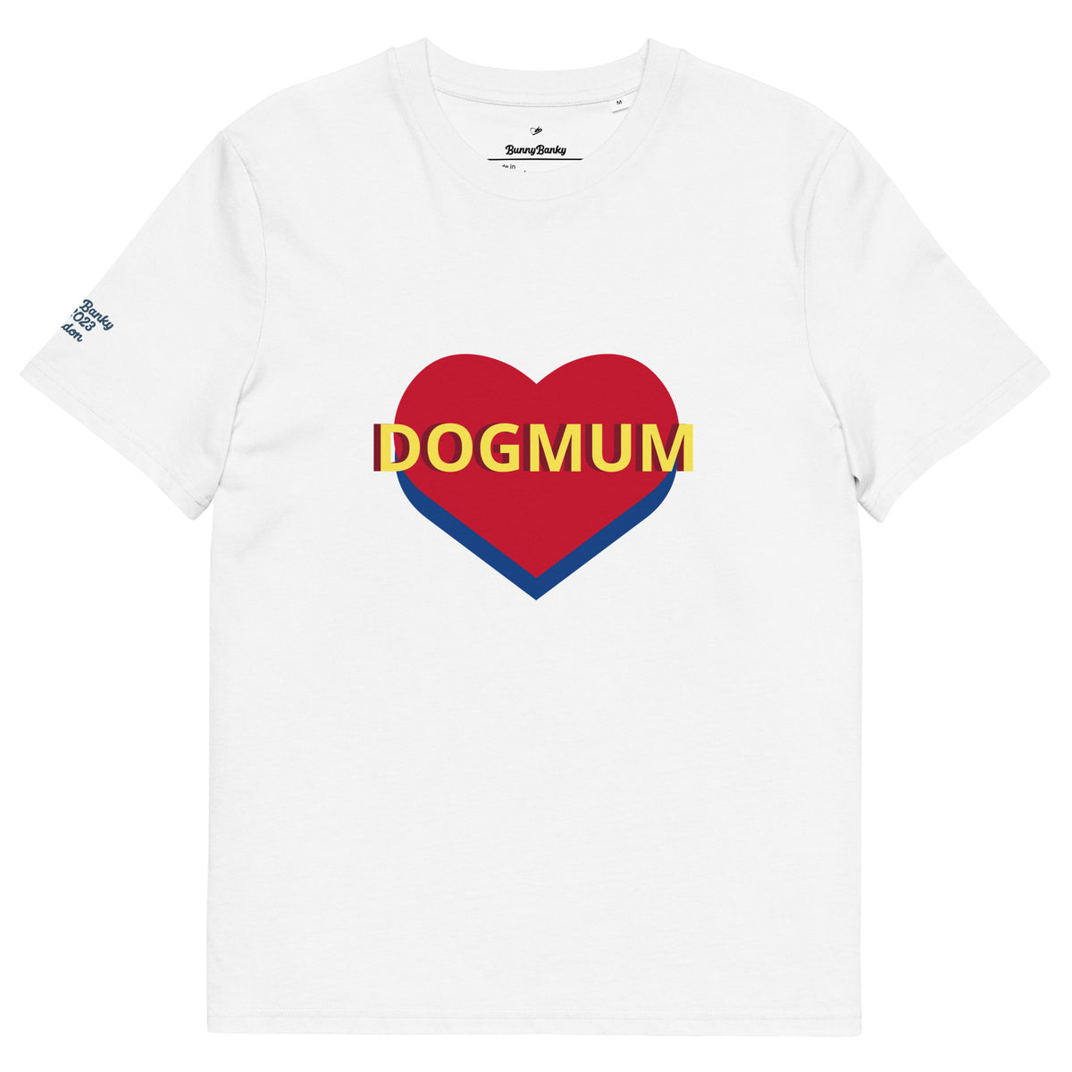 Front view of Bunny Banky white organic ring-spun cotton t-shirt featuring a red and blue heart with yellow DOGMUM text across the chest.