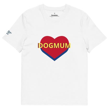 Front view of Bunny Banky white organic ring-spun cotton t-shirt featuring a red and blue heart with yellow DOGMUM text across the chest.
