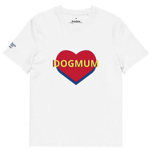 Front view of Bunny Banky white organic ring-spun cotton t-shirt featuring a red and blue heart with yellow DOGMUM text across the chest.