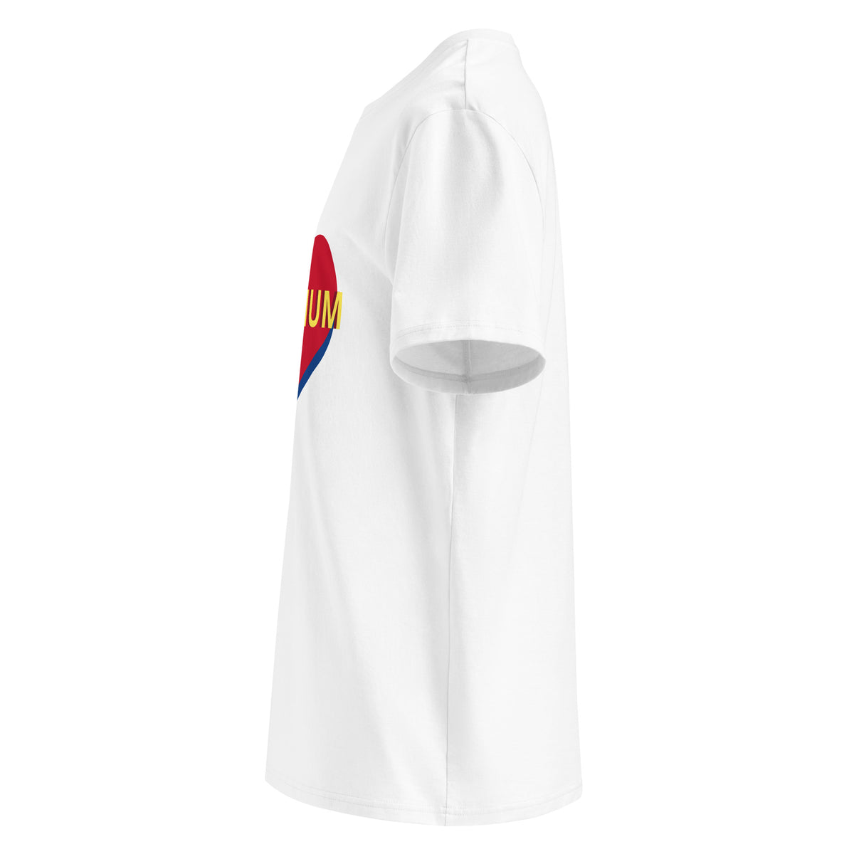 side view of Bunny Banky white organic ring-spun cotton t-shirt featuring a red and blue heart with yellow DOGMUM text across the chest.