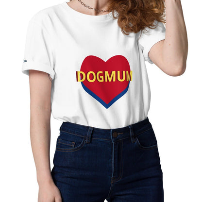 Front view of a model wearing the Bunny Banky white organic ring-spun cotton t-shirt featuring a red and blue heart with yellow DOGMUM text across the chest.