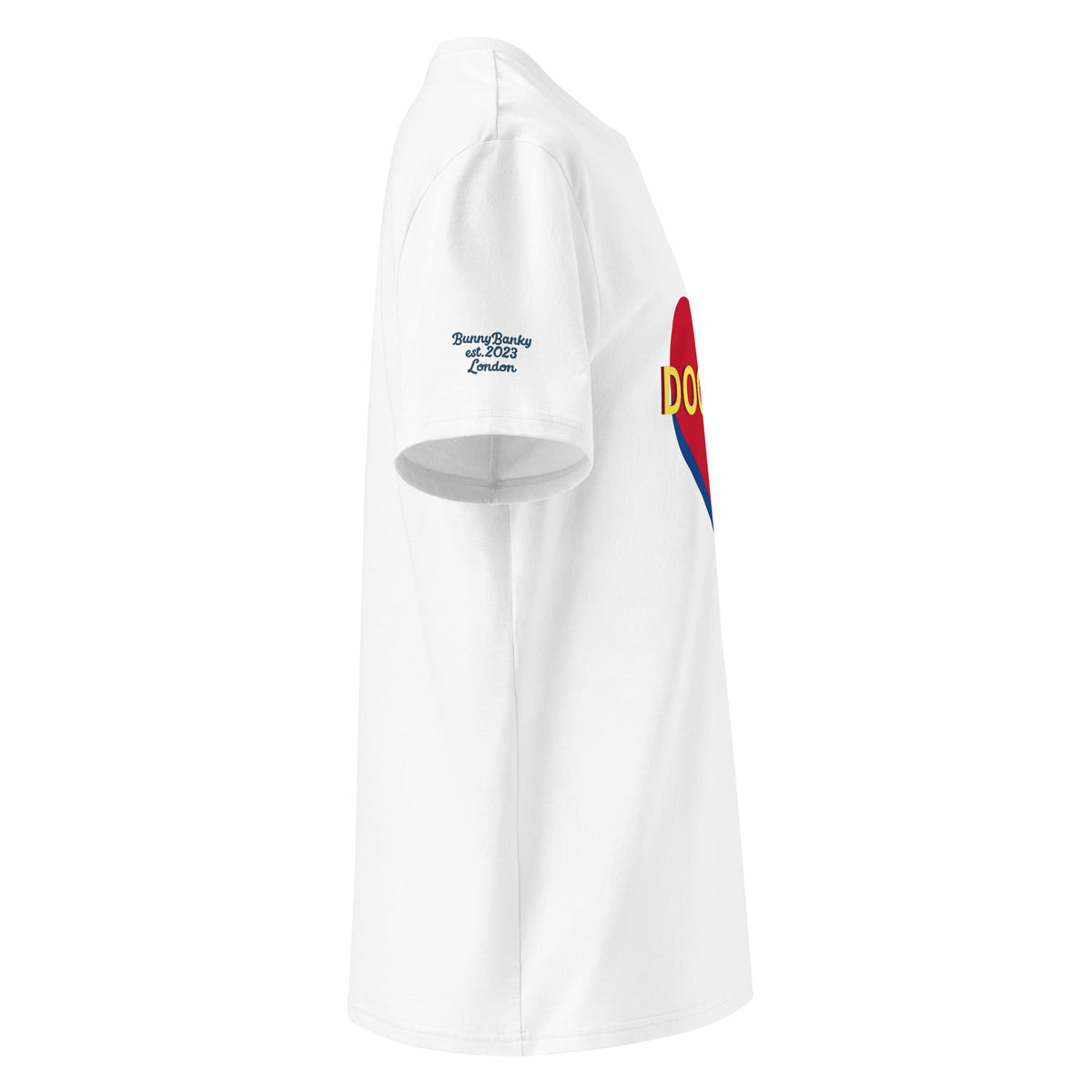 Side view of Bunny Banky white organic ring-spun cotton t-shirt featuring a red and blue heart with yellow DOGMUM text across the chest.