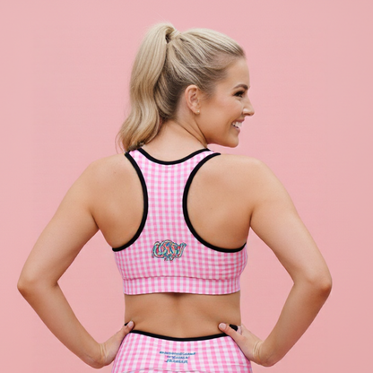 AI  Model wearing the EcoFlex performance bra. Sustainable boutique activewear featuring an artistic geometric print and elite support. Designed in our London atelier.