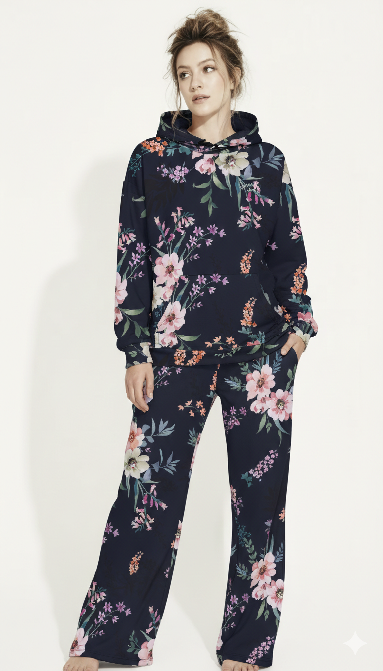 BunnyBanky navy blue floral loungewear set with oversized hoodie and floral print pants.