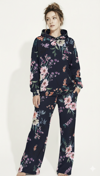 BunnyBanky navy blue floral loungewear set with oversized hoodie and floral print pants.