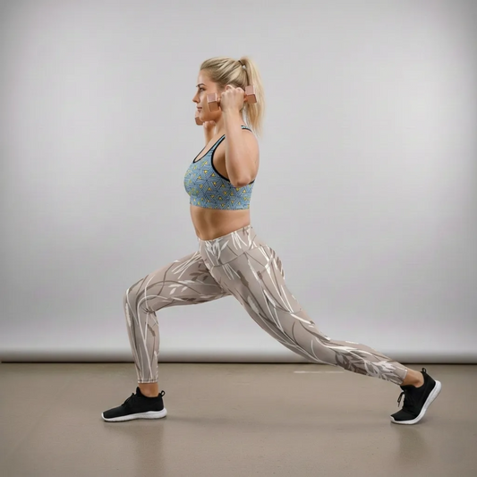 A blonde BunnyBankY AI proprietary fitness model performs a deep lunge in a studio setting, holding rose gold dumbbells. She is wearing the Geneva Performance Bra, which features a blue and yellow geometric triangular pattern, paired with the Osaka Sculpt Leggings, which have a neutral taupe base with an abstract white and grey botanical line art design.