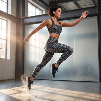 A BunnyBanky AI proprietary model wearing the Venice performance bra and matching high-waisted sculpt leggings featuring an intricate gold and slate-blue floral filigree print over a dark blue base; paired with black athletic sneakers.