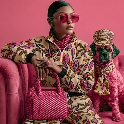 A model wearing the confidence chapter glam  set.  The Terra  co-ord, a beige floral print tracksuit, pink sunglasses, and a pink beaded necklace sits on a pink velvet sofa next to a small dog in a matching pink outfit.