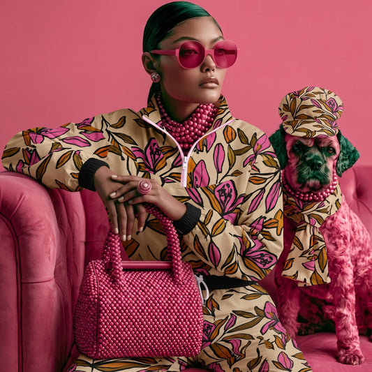 A model wearing the confidence chapter glam  set.  The Terra  co-ord, a beige floral print tracksuit, pink sunglasses, and a pink beaded necklace sits on a pink velvet sofa next to a small dog in a matching pink outfit.