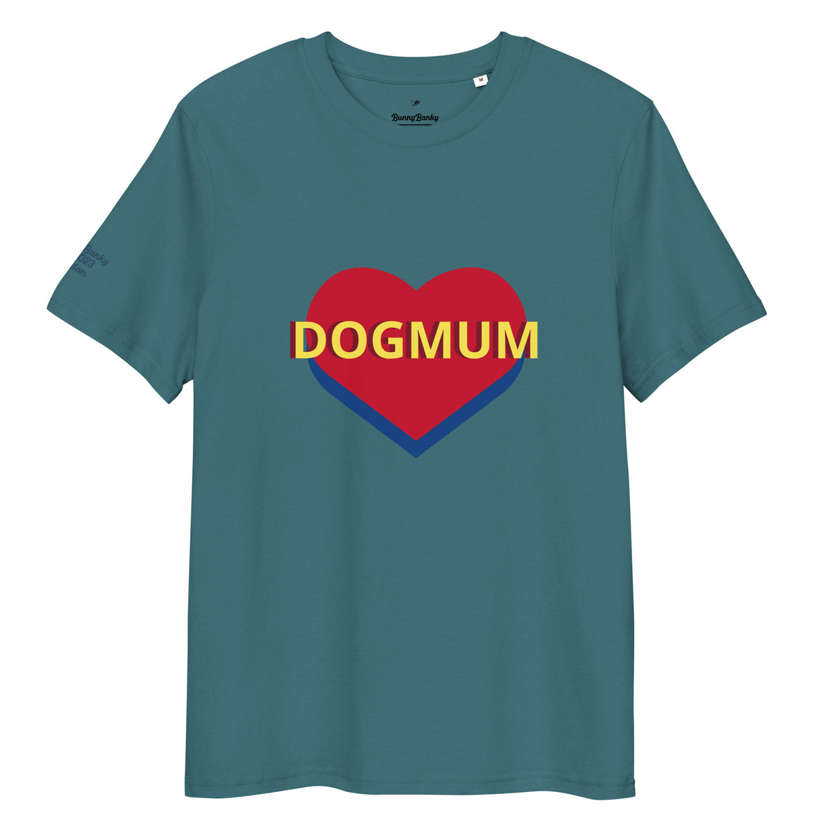 Front view of Bunny Banky white organic ring-spun cotton t-shirt featuring a red and blue heart with yellow DOGMUM text across the chest.