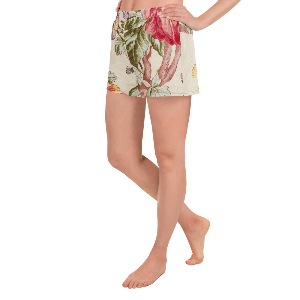 The Las Vegas athletic shorts by BunnyBanky, featuring a vibrant vintage-style floral print, mesh pockets, and a 2.5-inch inseam.