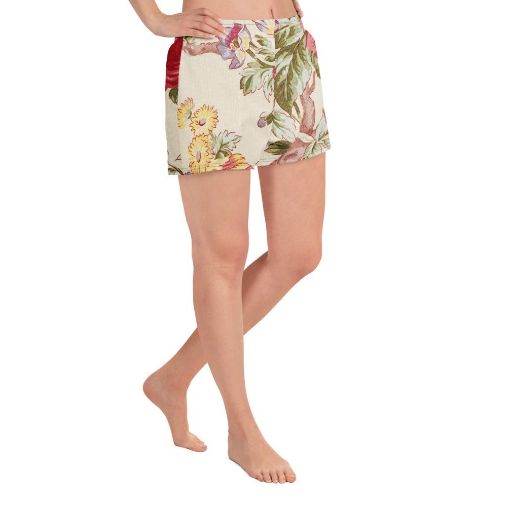 The Las Vegas athletic shorts by BunnyBanky, featuring a vibrant vintage-style floral print, mesh pockets, and a 2.5-inch inseam.