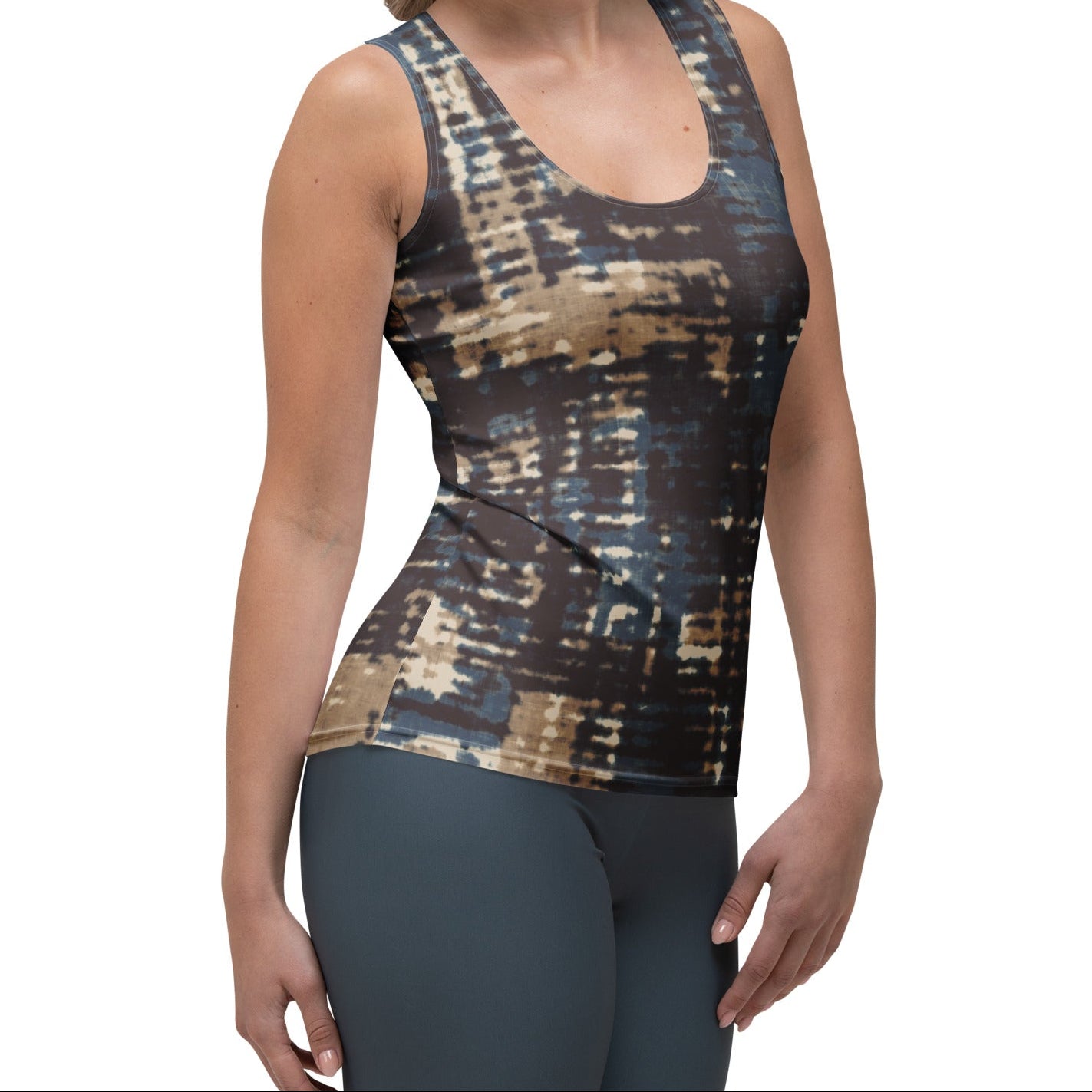 model wearing the chamonix performance tank in blue & brown print