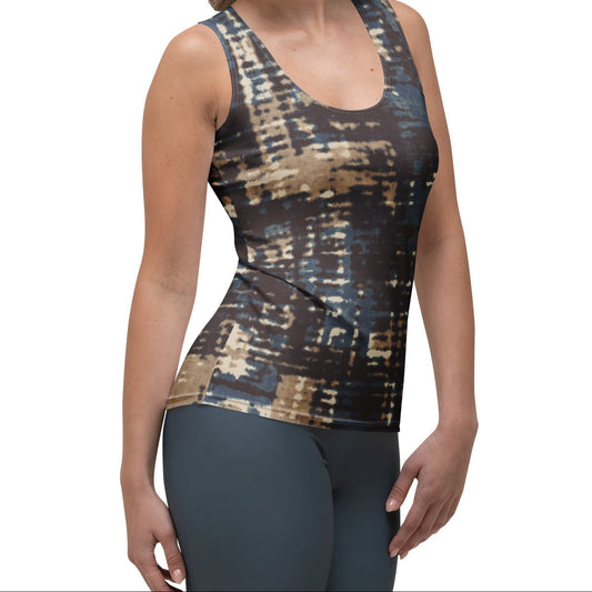 model wearing the chamonix performance tank in blue & brown print