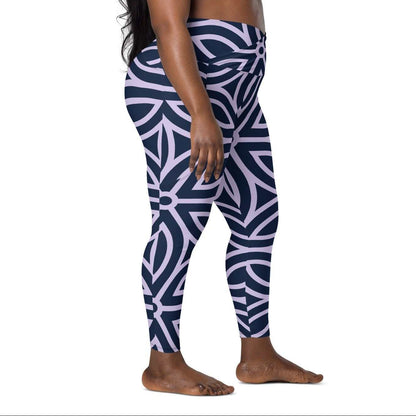 model wearing the Canary Wharf  Sculpt Crossover  Leggings in blue and lilac geometric floral pattern