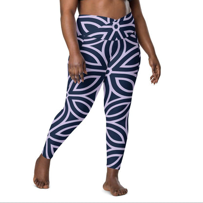 model wearing the Canary Wharf  Sculpt Crossover  Leggings in blue and lilac geometric floral pattern