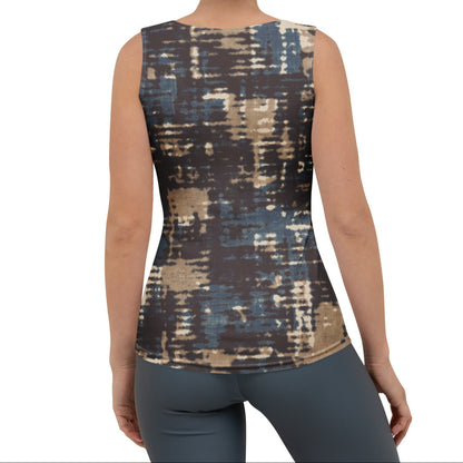 wearing the chamonix performance tank in blue & brown print
