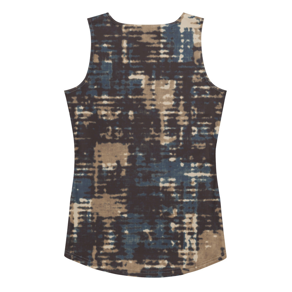 chamonix performance tank in blue & brown print